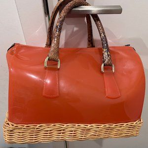 FURLA Papaya Reddish Orange Wicker Candy Satchel Bag - Made in Italy